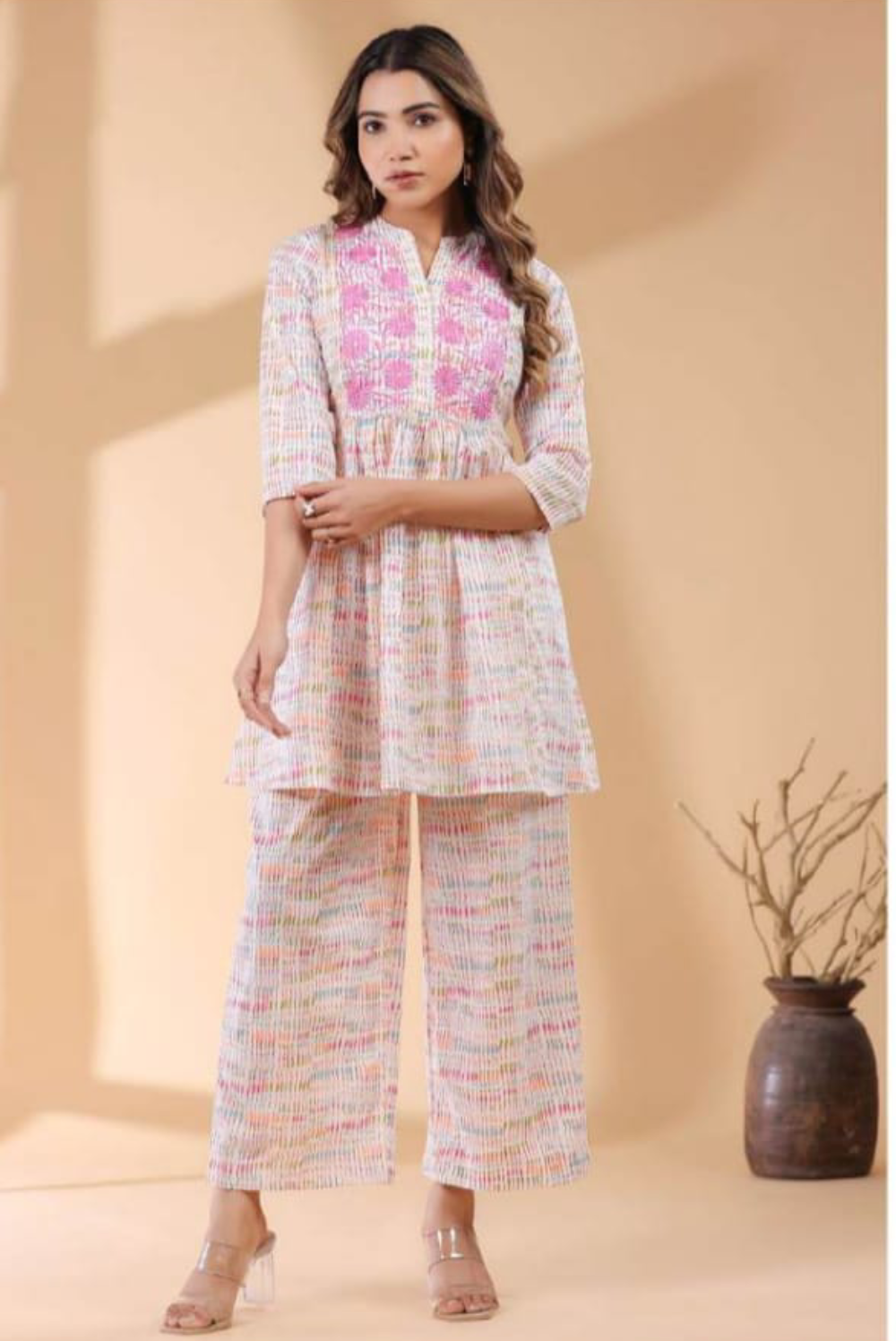 Pastel Stripe & Pink Bloom Embroidered Co-ord Set