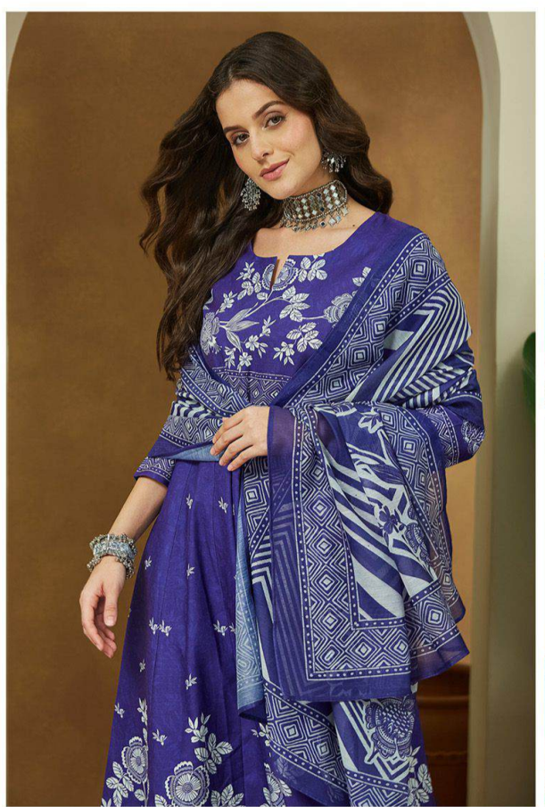 Regal Indigo Blue Printed Suit Set with Geometric & Floral Detaila
