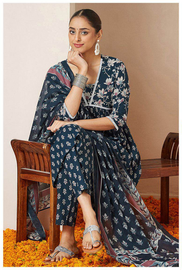 Classic Indigo Floral Printed Cotton Suit Set