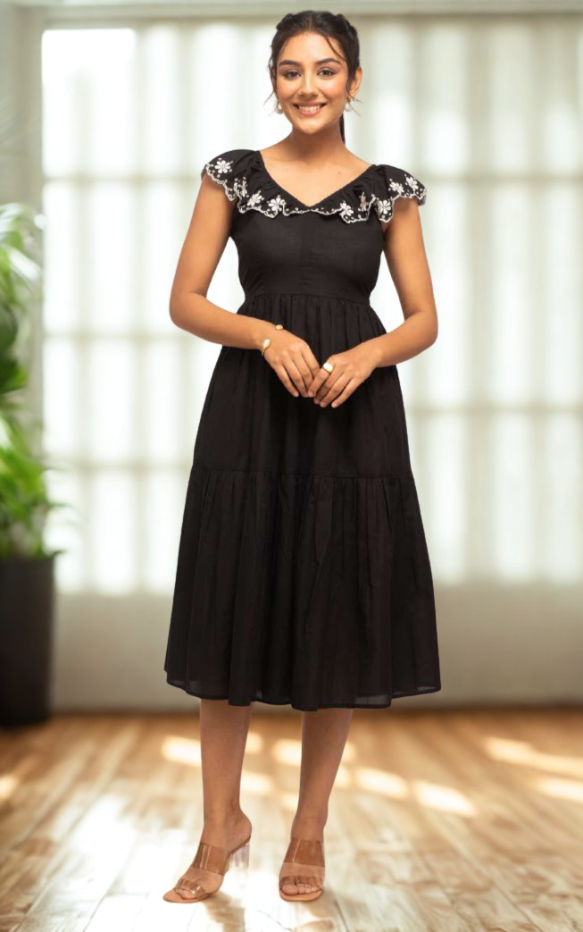 The 'Midnight Bloom' Tiered Midi Dress