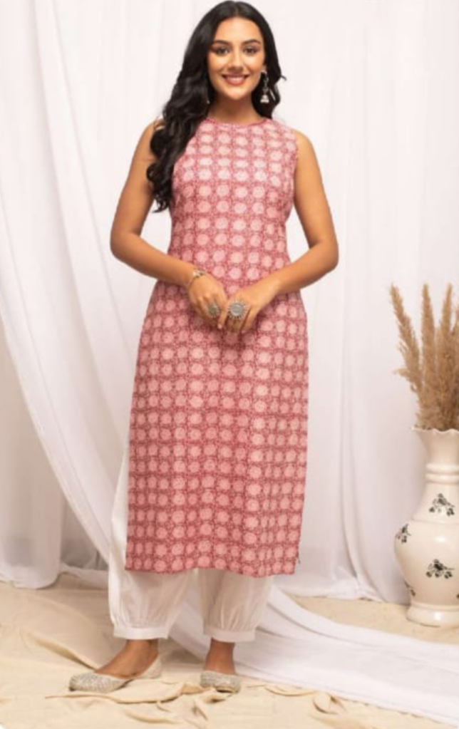 'Rose Bloom' Block Print Sleeveless Kurta
